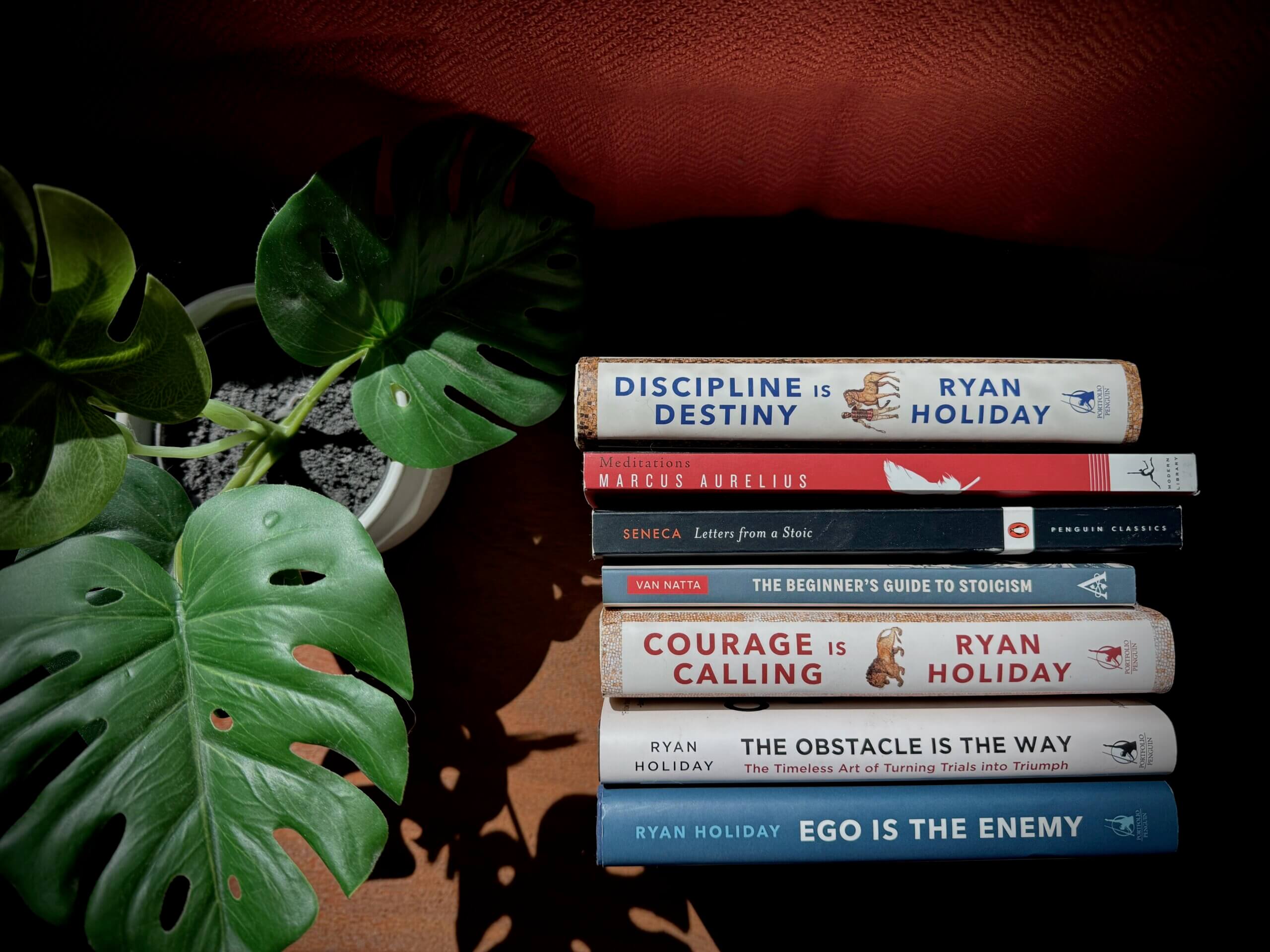 Collection of essential Stoicism books including Meditations, How to Be a Stoic, and The Daily Stoic